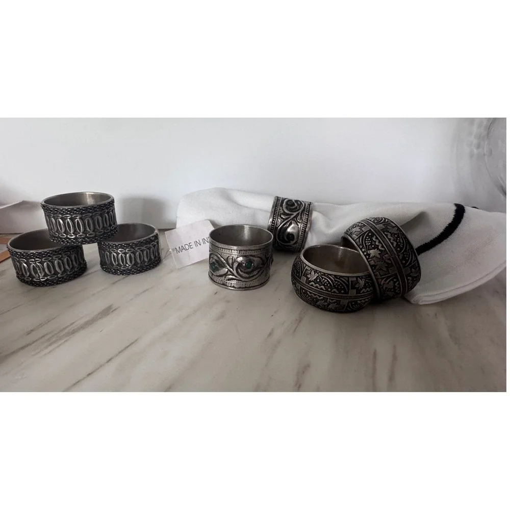 Vintage Mixed Silver Metal Napkin Rings Set of 7 India Boho Floral Bird Ornate